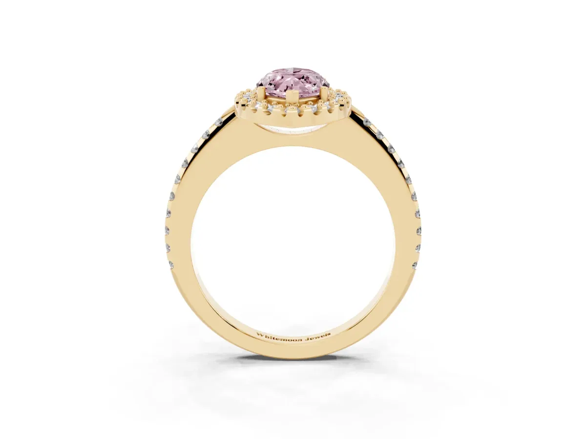 Fancy Pink Marquise Cut Diamond Pavé Halo Ring with Four-Prong Setting Yellow gold