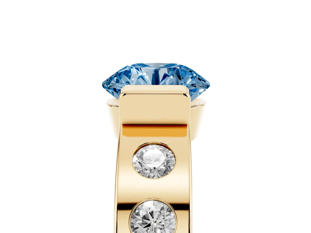 Fancy Blue Round Cut Brilliant Channel-Set Diamond Ring with Bezel Prong Setting Yellow gold