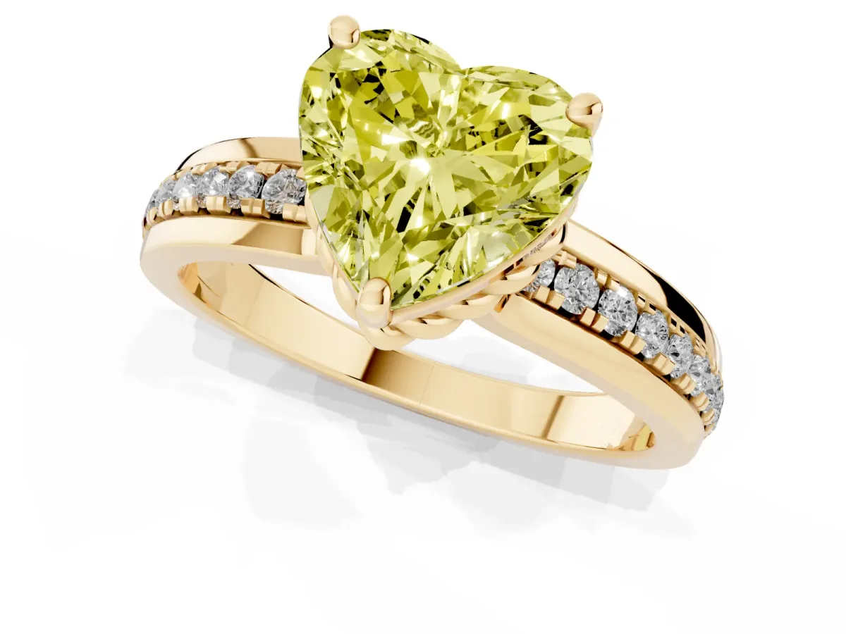 Fancy Yellow Heart Cut Solitaire Diamond Ring with Channel Set Band and Six-Prong Setting Yellow gold