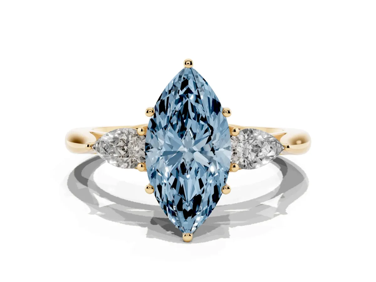 Fancy Blue Marquise Cut Diamond Three-Stone Ring with Pear Side Stones and Prong Setting Yellow gold