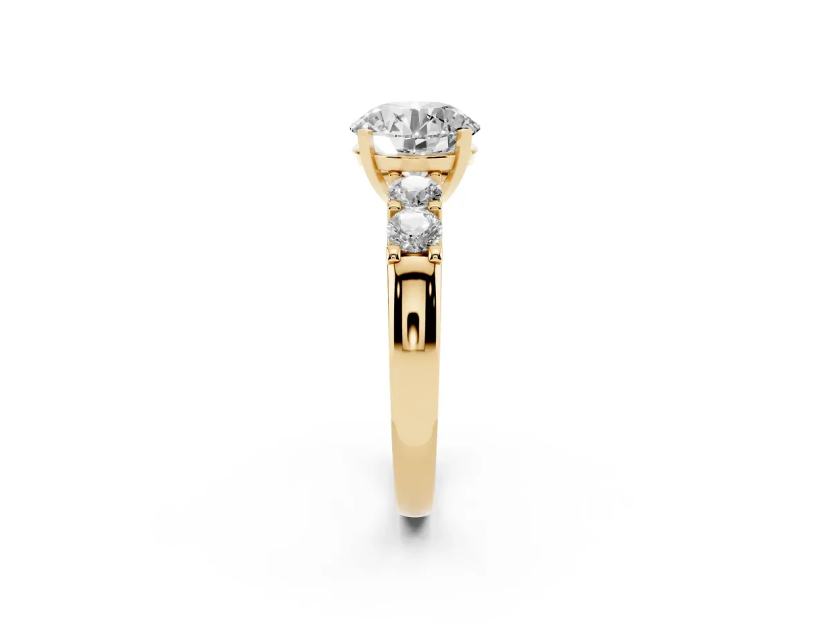 Round Cut Brilliant Cut Diamond Five-Stone Prong Set Engagement Ring with Channel Band Yellow gold