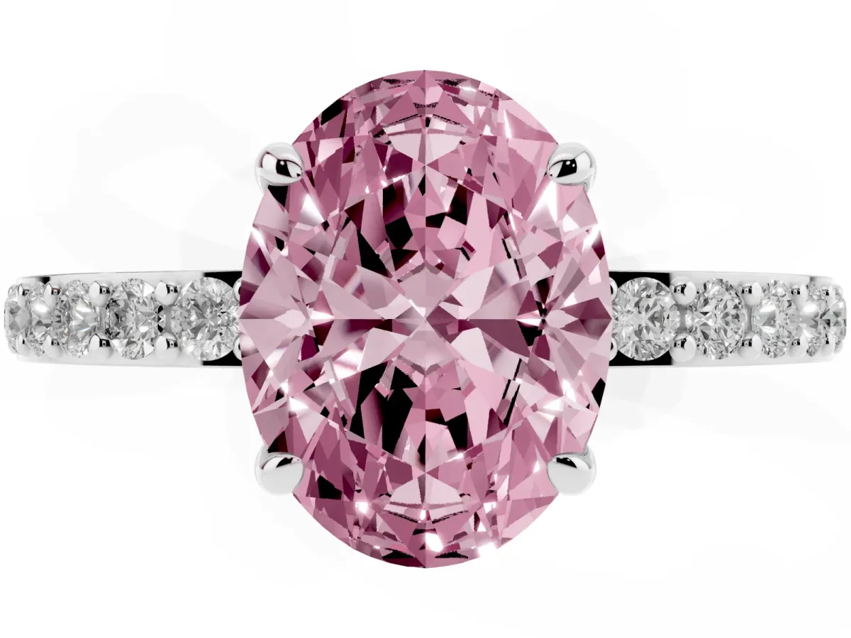 Fancy Pink Oval Cut Diamond Pavé Engagement Ring with Round Accents and Prong Setting Platinum