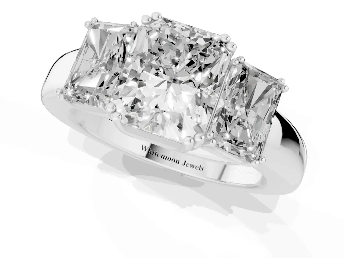 Three-Stone Radiant Cut Cut Diamond Ring with Channel Set Band and Four-Prong Setting Silver