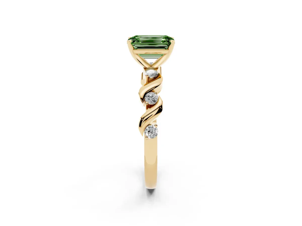 Fancy Green Emerald Cut Diamond Solitaire Twisted Band with Round Accents and Prong Setting Yellow gold