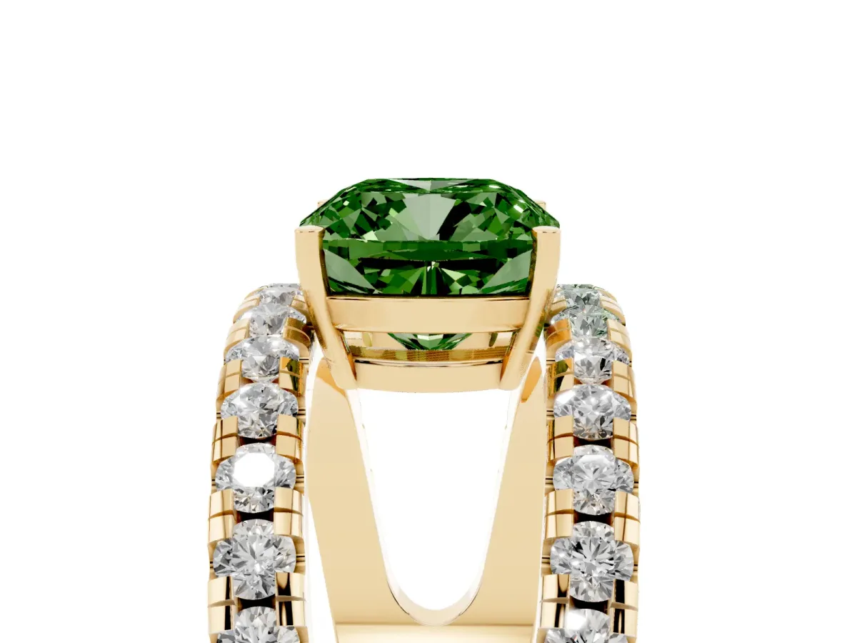 Fancy Green Cushion Cut Solitaire Split Shank Pave Diamond Ring Yellow gold
