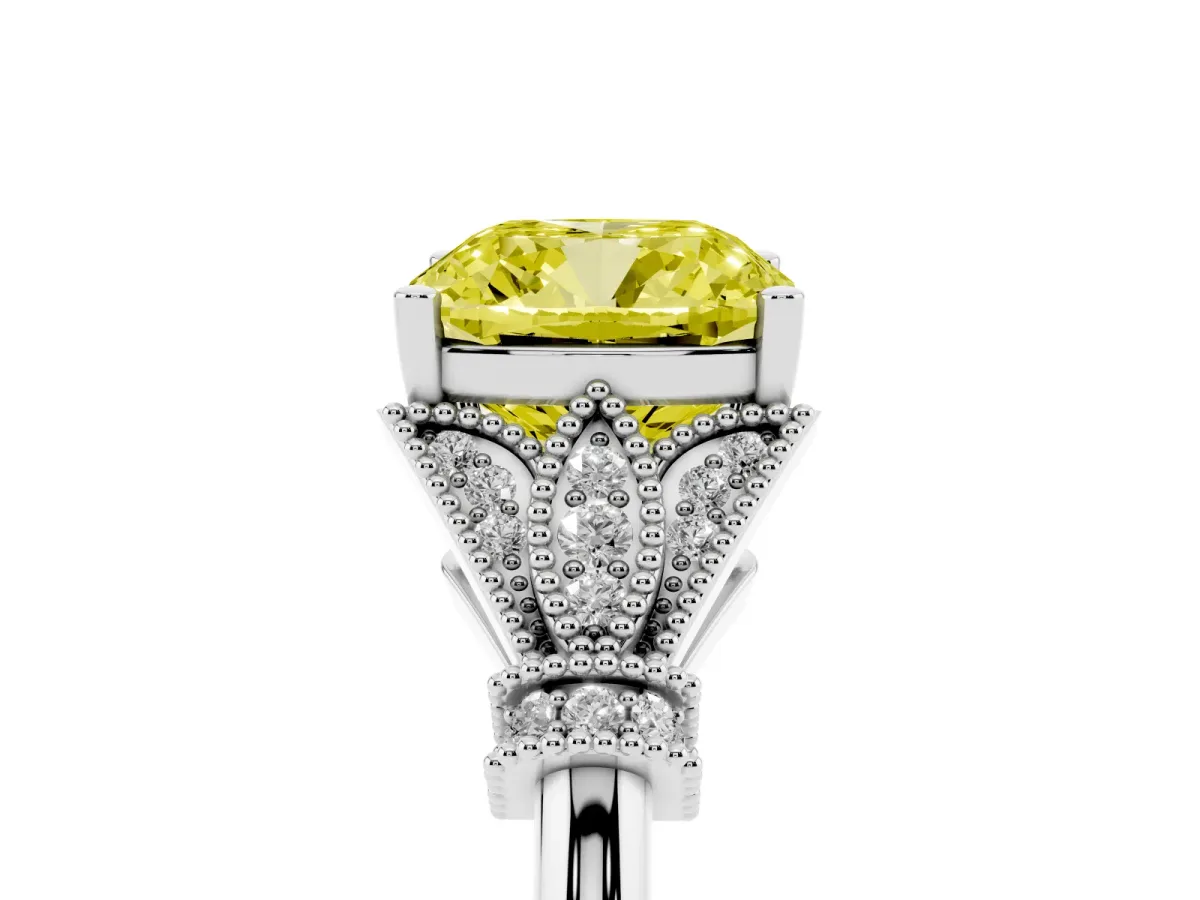 Fancy Yellow Cushion Cut Diamond Solitaire Ring with Floral Filigree and Pave Accents Platinum