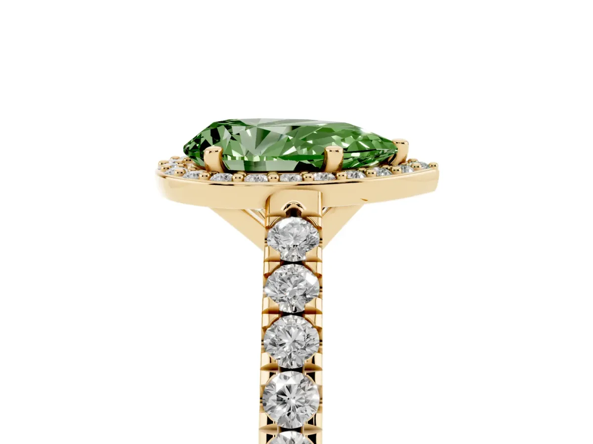Fancy Green Pear Cut Cut Halo Diamond Engagement Ring with Pave Band and Four-Prong Setting Yellow gold