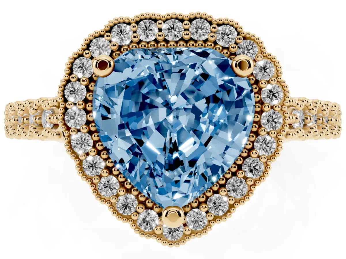 Fancy Blue Heart Cut Cut Halo Pavé Solitaire Ring with Milgrain Band Yellow gold