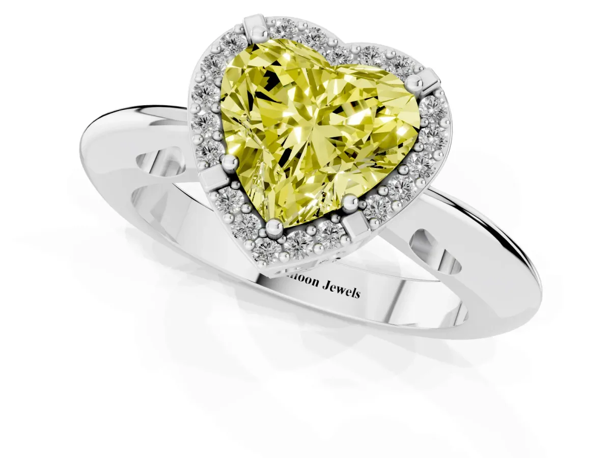 Fancy Yellow Heart Cut Cut Diamond Halo Engagement Ring with Split Shank and Four-Prong Setting Platinum