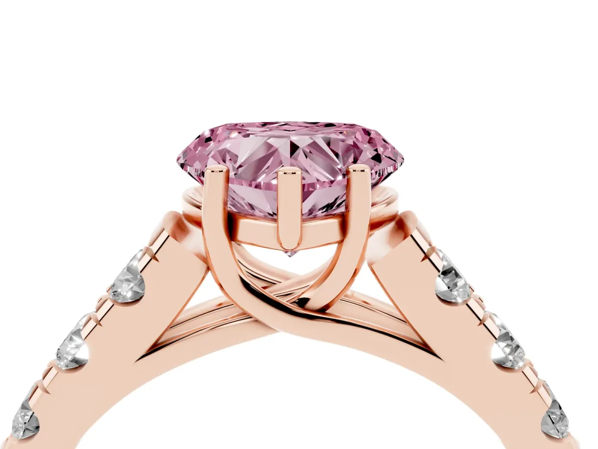Fancy Pink Heart Cut Cut Diamond Solitaire Ring with Micro Pave Band and Prong Setting Rose gold