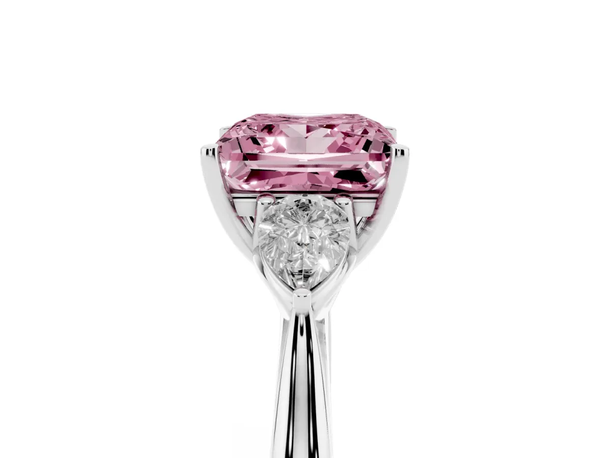 Fancy Pink Three-Stone Princess Cut Diamond Ring with Pear Side Stones in Four-Prong Setting Silver