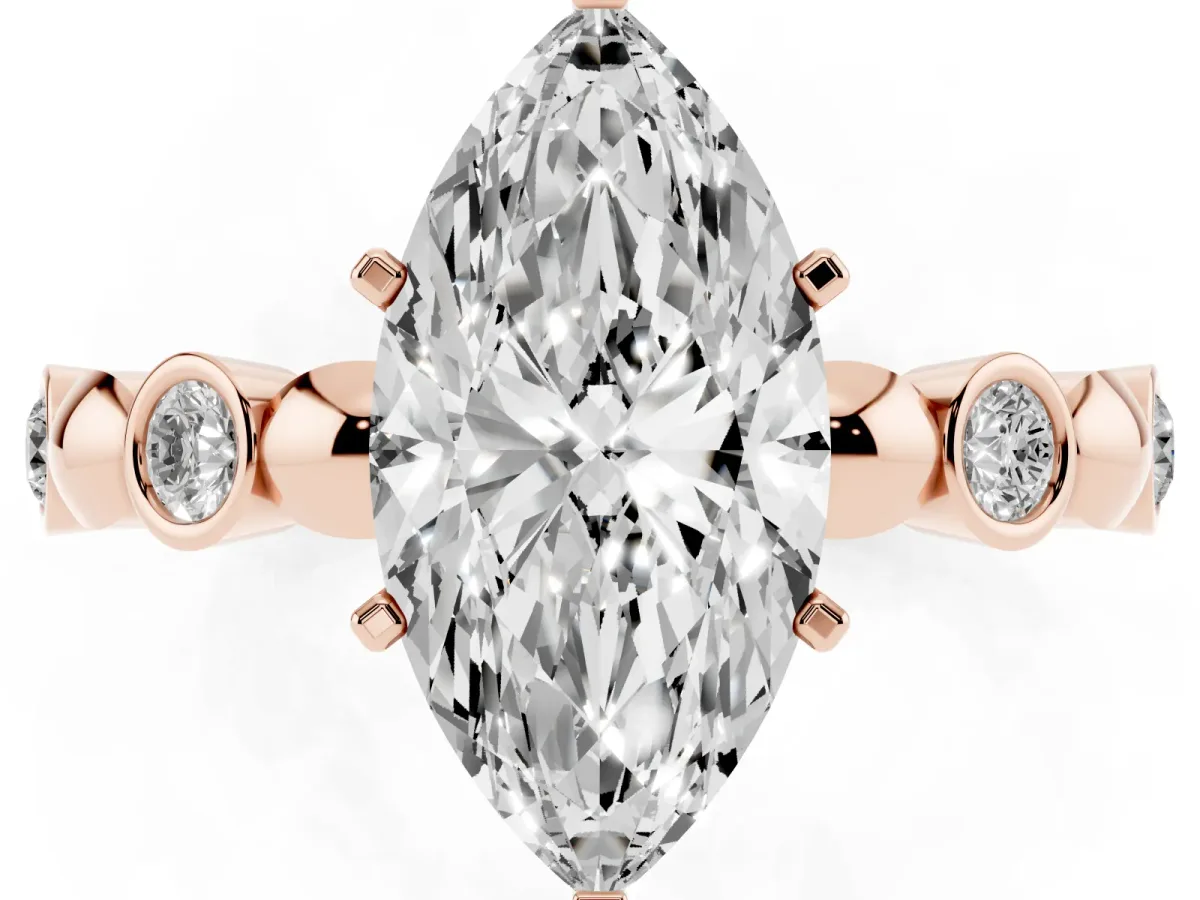 Marquise Cut Solitaire Bezel-Set Diamond Ring with Beaded Band and Four-Prong Setting Rose gold