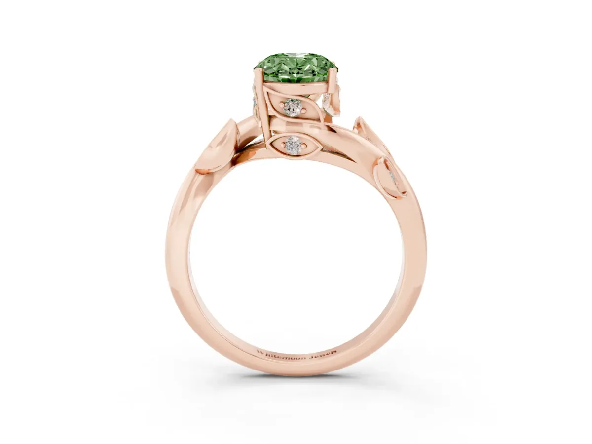 Fancy Green Oval Cut Solitaire Twist Engagement Ring with Leaf Accents and Prong Setting Rose gold