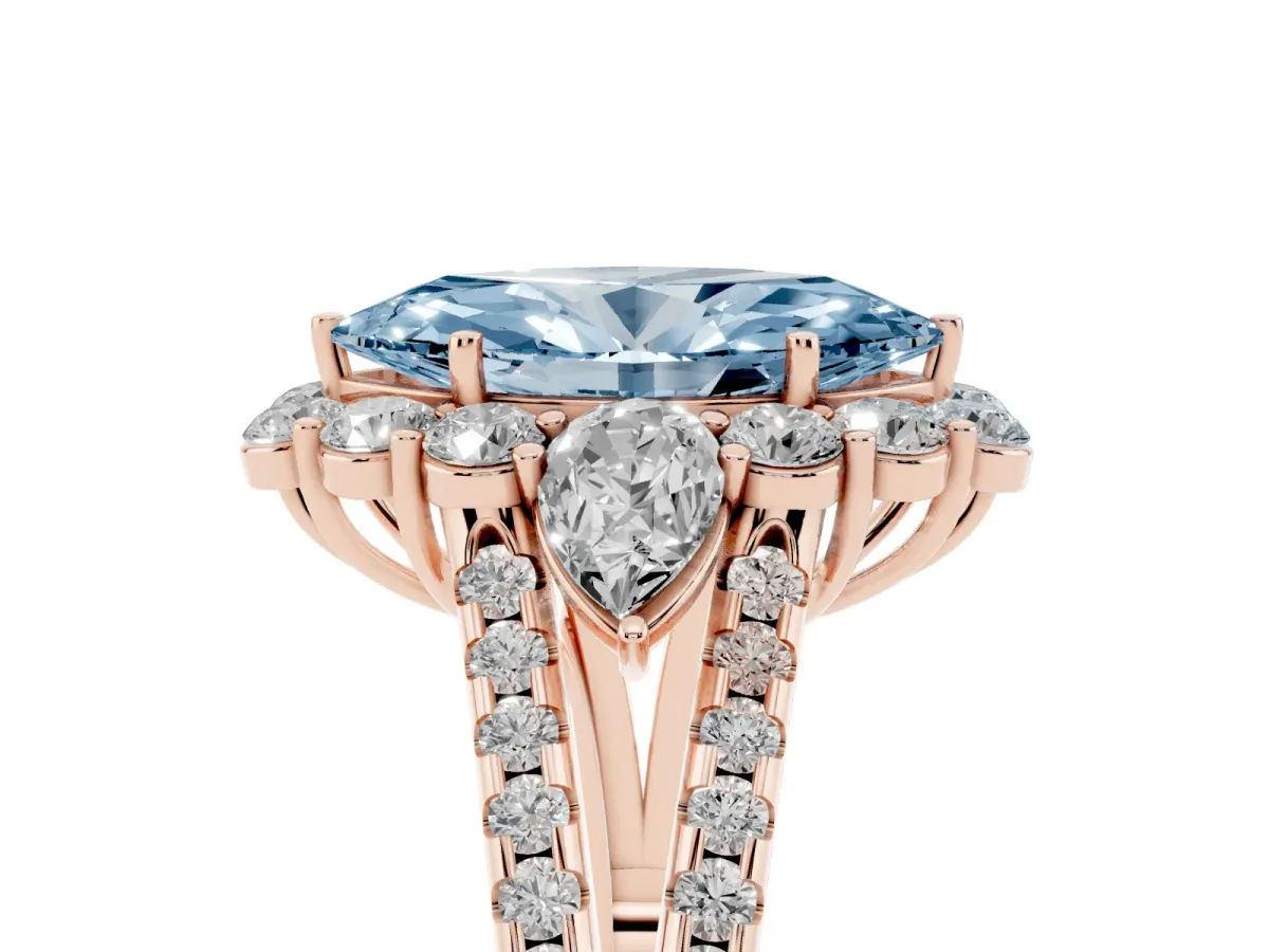 Fancy Blue Marquise Cut Halo Split Shank Diamond Engagement Ring with Prong Setting Rose gold