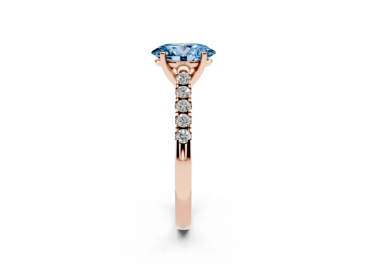 Fancy Blue Oval Cut Diamond Pavé Band Solitaire Ring with Prong Setting Rose gold