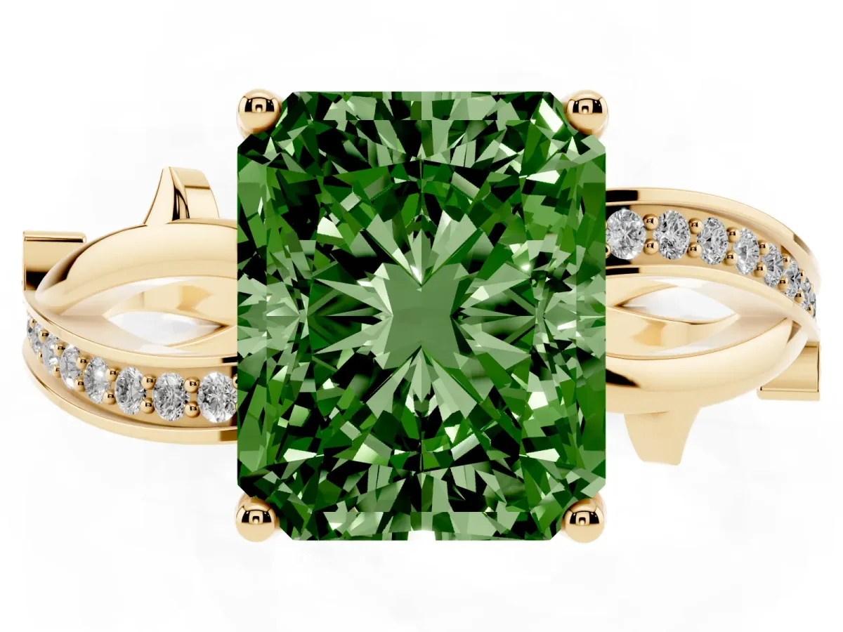 Fancy Green Radiant Cut Solitaire Twist Band with Pavé Accents and Four-Prong Setting Yellow gold