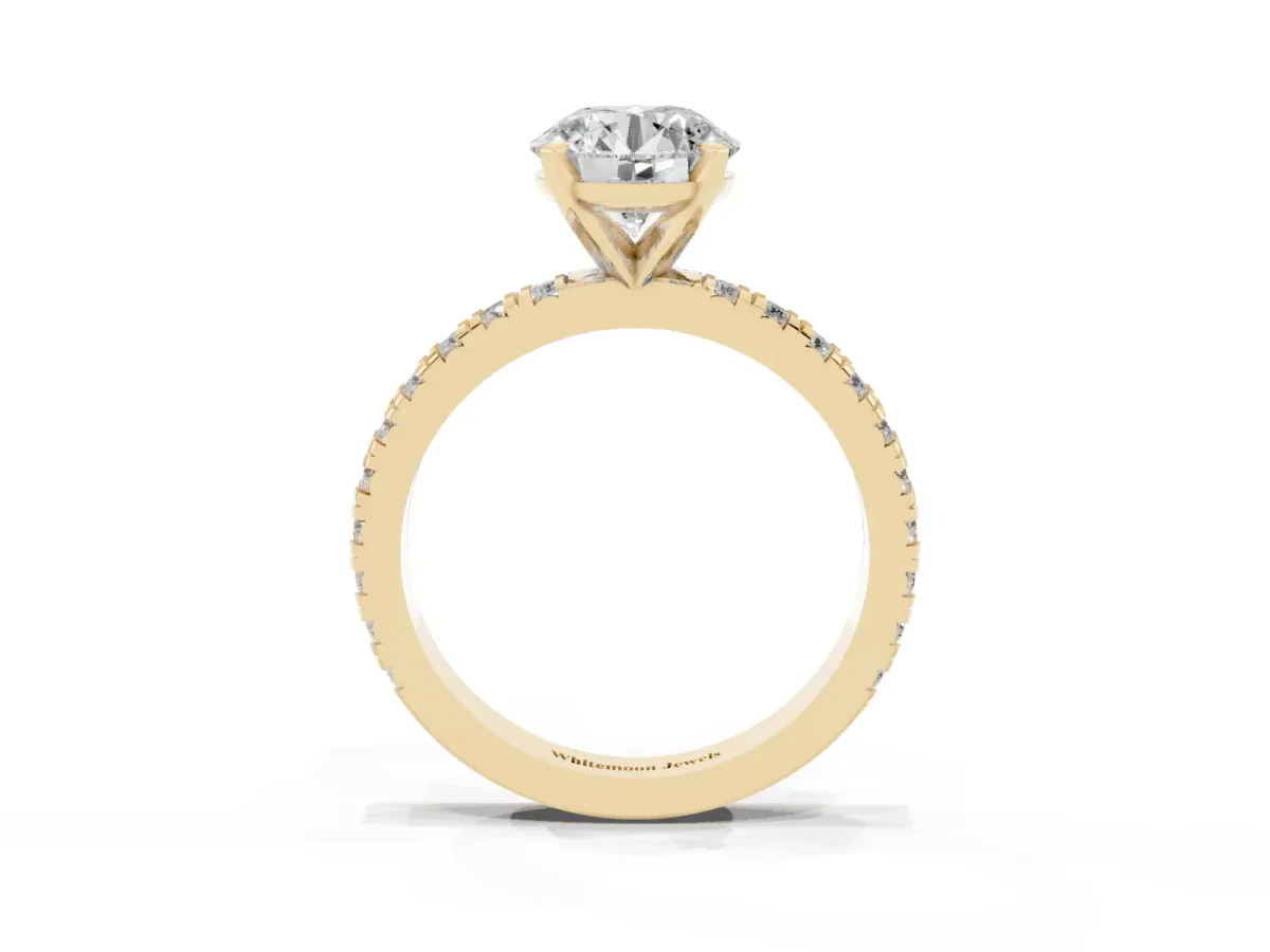 Round Cut Diamond Pavé Band Solitaire with Four-Prong Setting Yellow gold
