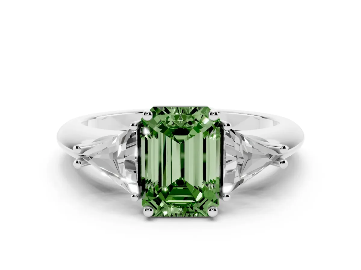 Fancy Green Three-Stone Emerald Cut Diamond Engagement Ring with Trillion Side Stones and Prong Setting Silver