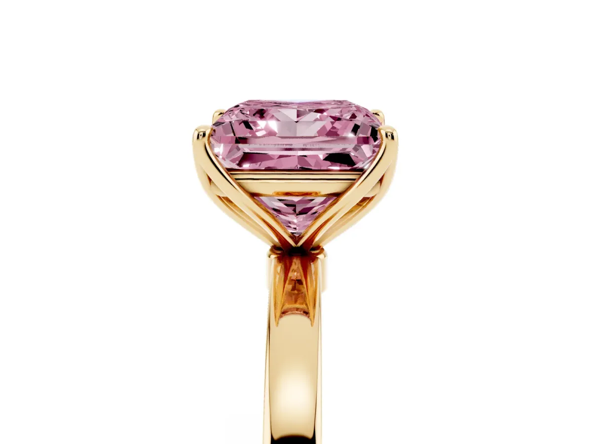 Fancy Pink Princess Cut Diamond Solitaire Ring with Thin Band and Prong Setting Yellow gold
