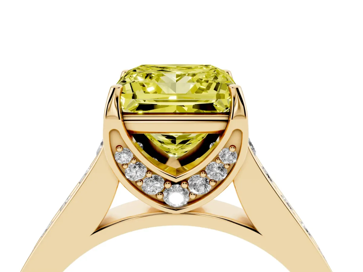 Fancy Yellow Princess Cut Brilliant Cut Diamond Engagement Ring with Pavé Band and Four-Prong Setting Yellow gold