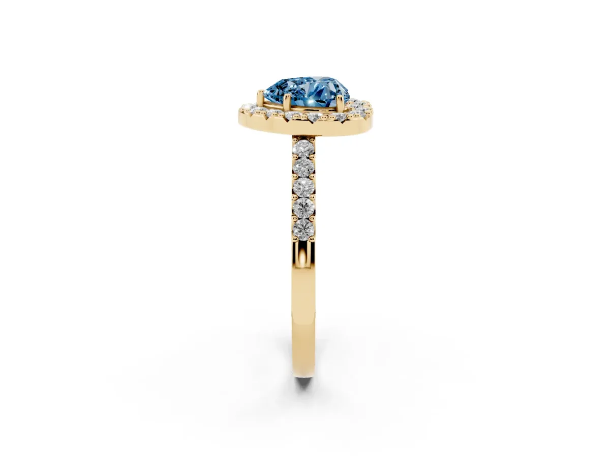 Fancy Blue Heart Cut Halo Diamond Pavé Solitaire Ring Yellow gold