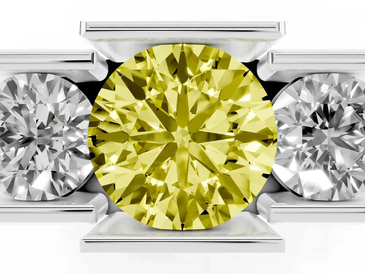 Fancy Yellow Three Stone Round Cut Cut Channel Set Diamond Ring Platinum