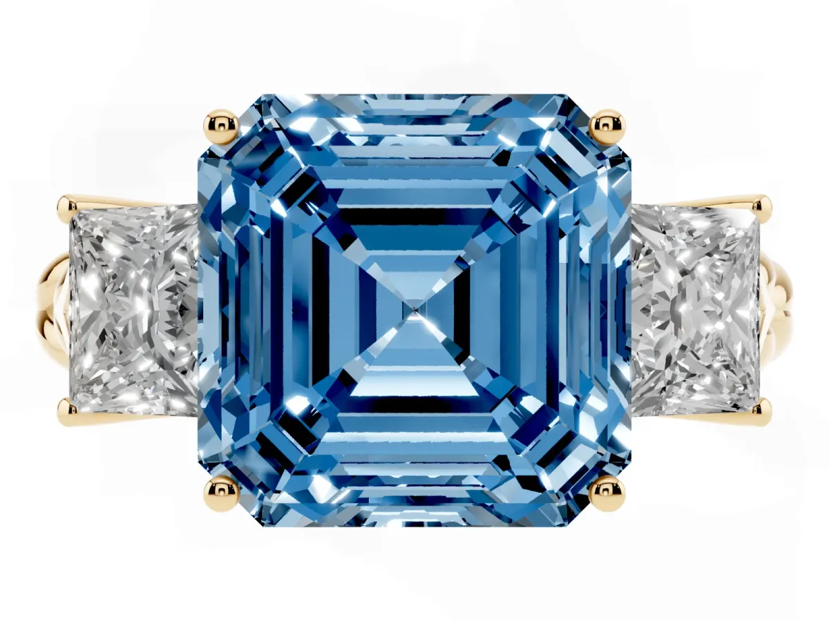 Fancy Blue Three-Stone Asscher Cut Diamond Braided Band Ring with Four-Prong Setting Yellow gold