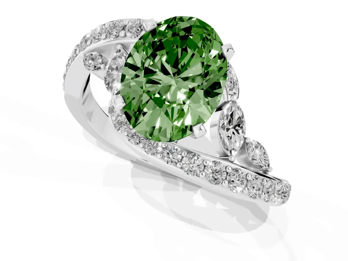 Fancy Green Oval Cut Solitaire with Pavé Twist Band and Four-Prong Setting Silver