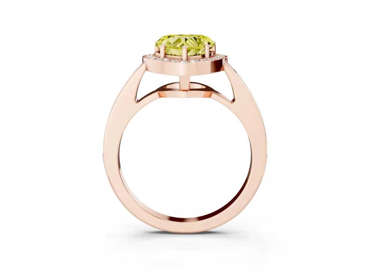 Fancy Yellow Heart Cut Halo Pavé Diamond Engagement Ring with Bezel Setting Rose gold