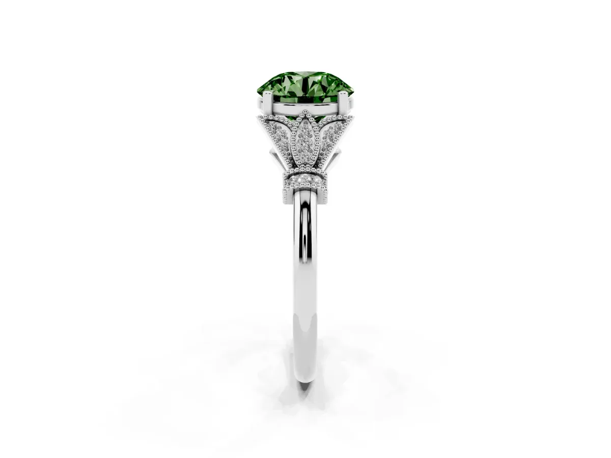 Fancy Green Round Cut Diamond Solitaire Ring with Floral Filigree and Pave Accents Platinum