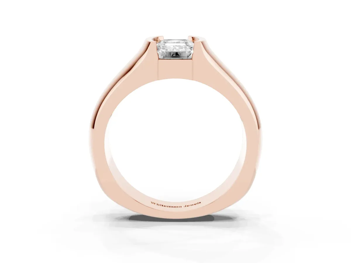 Emerald Cut Solitaire Bezel Set Diamond Ring with Wide Band Rose gold
