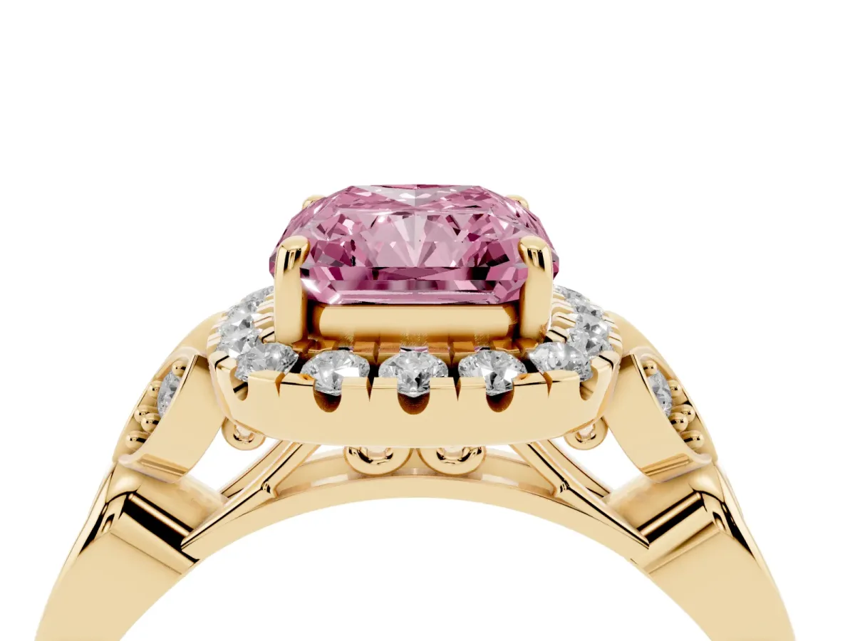 Fancy Pink Radiant Cut Halo Diamond Engagement Ring with Vintage-Inspired Band and Four-Prong Setting Yellow gold
