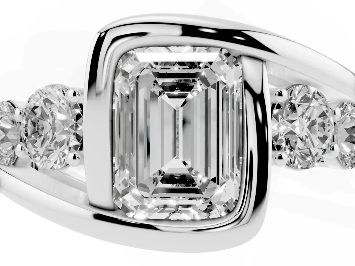 Bezel Set Emerald Cut Diamond Bypass Ring with Round Accents Silver
