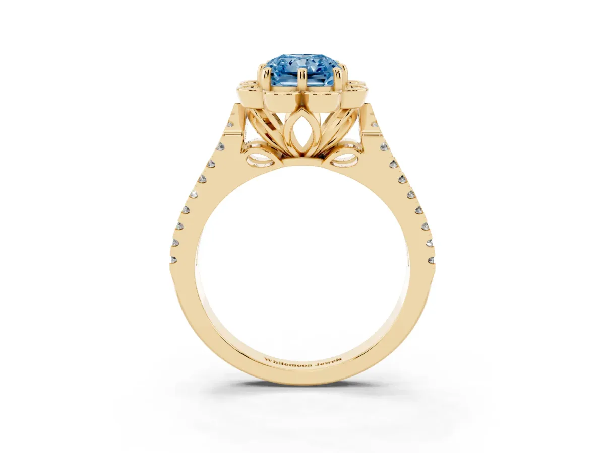 Fancy Blue Radiant Cut Halo Diamond Floral Split Shank Engagement Ring Yellow gold
