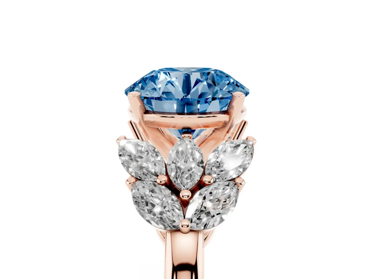 Fancy Blue Round Cut Diamond Cluster Leaf Design Ring with Prong Setting Rose gold