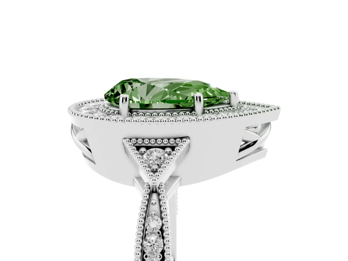Fancy Green Pear Cut Halo Round Diamond Milgrain Pave Engagement Ring White gold