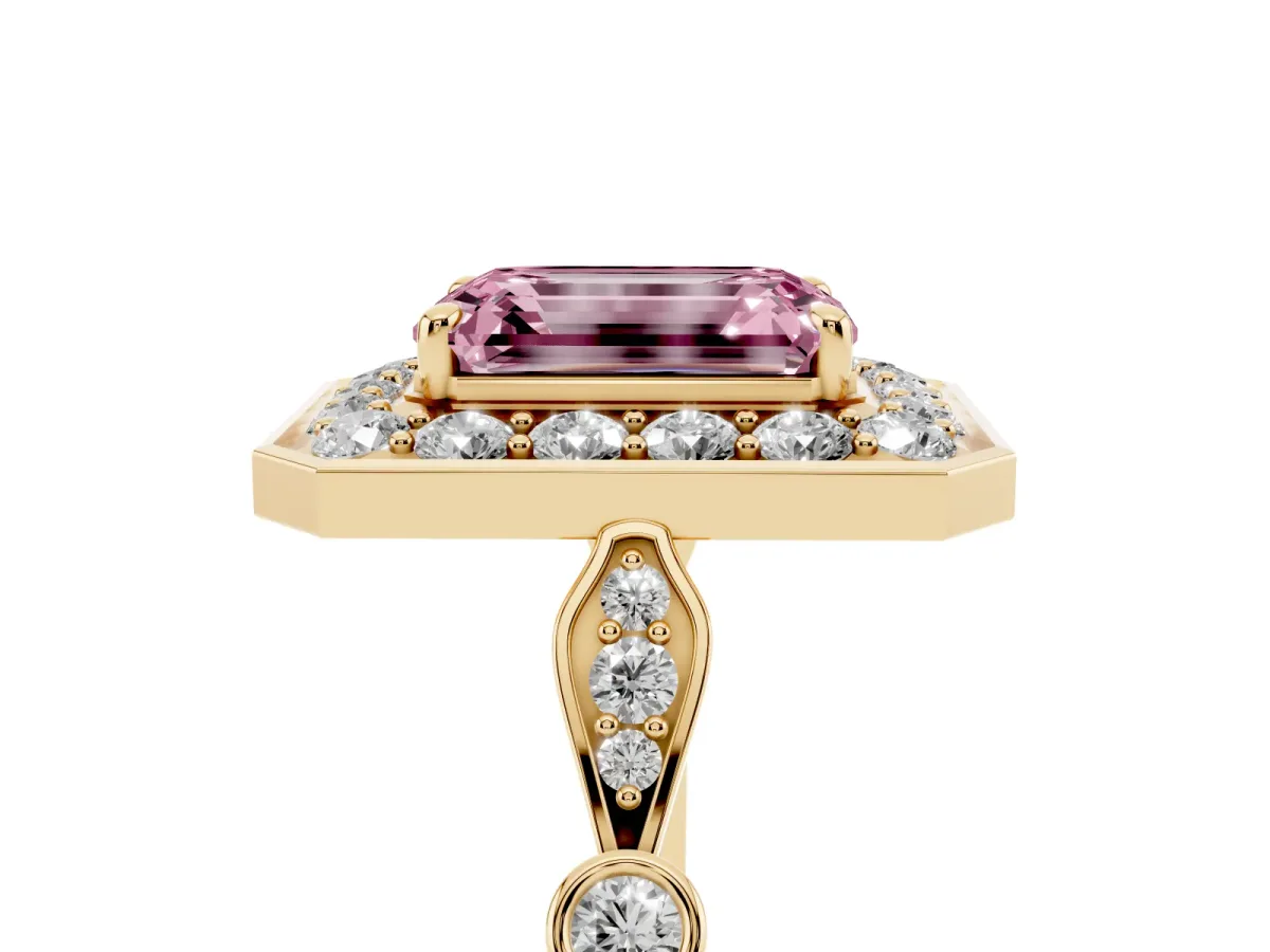 Fancy Pink Emerald Cut Halo Diamond Engagement Ring with Twisted Band and Four-Prong Setting Yellow gold