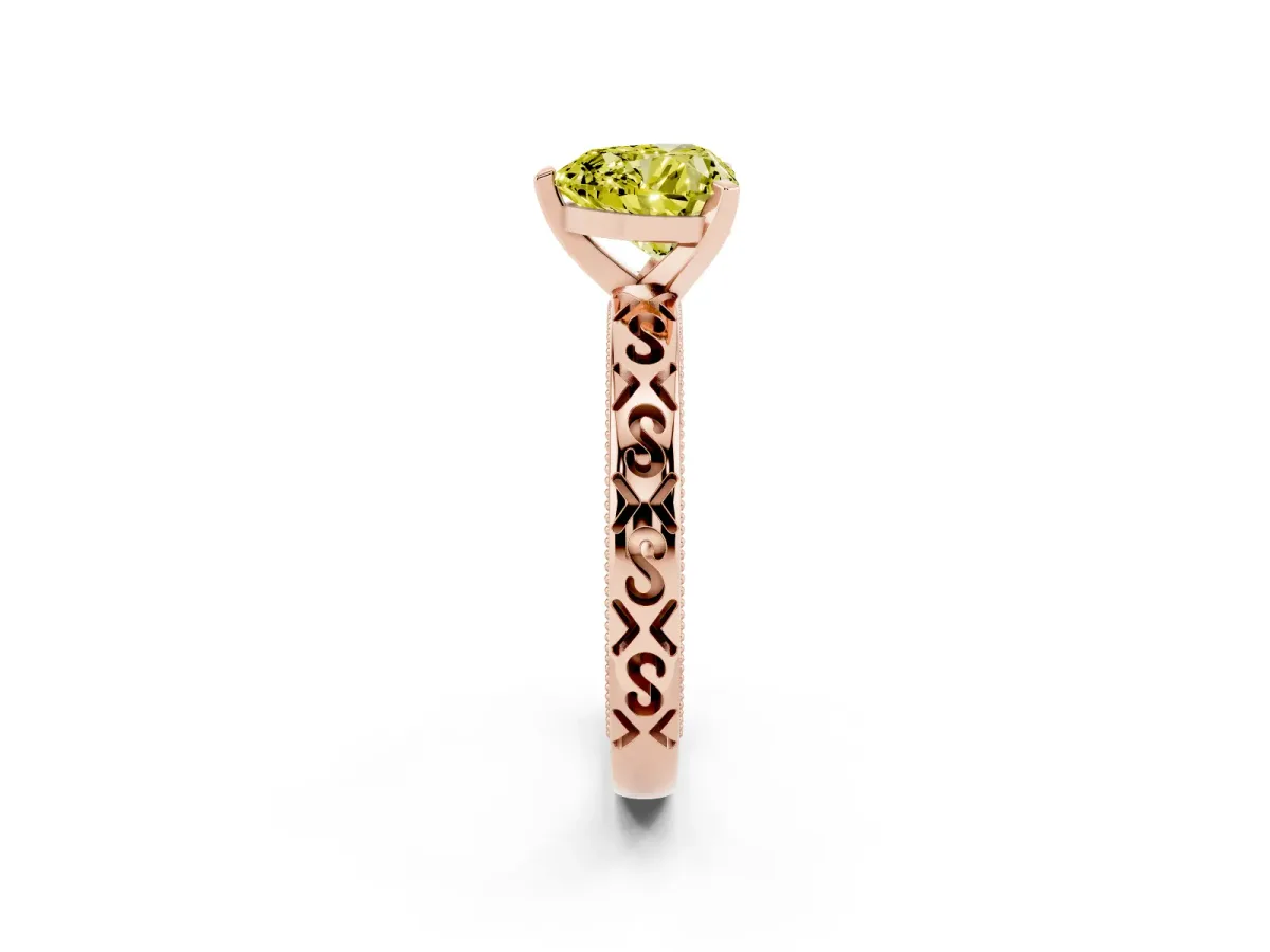 Fancy Yellow Heart Cut Solitaire Engagement Ring with Scrollwork Band and Four-Prong Setting Rose gold