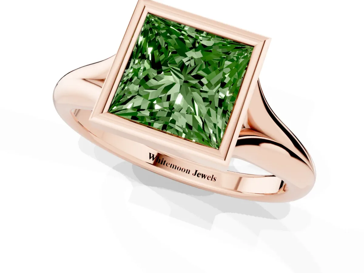 Fancy Green Bezel Set Princess Cut Solitaire Diamond Ring with Smooth Band Rose gold