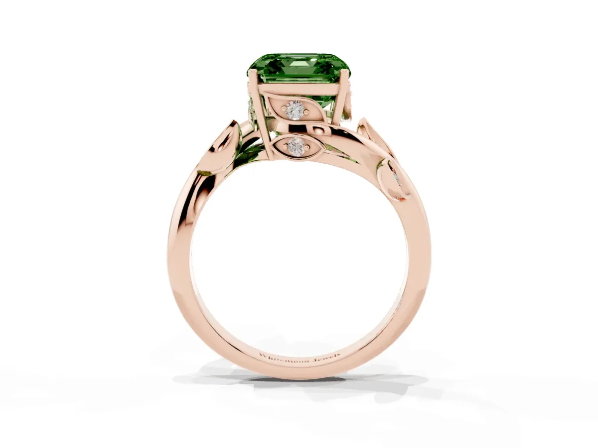 Fancy Green Asscher Cut Solitaire Twist Engagement Ring with Leaf Accents and Prong Setting Rose gold