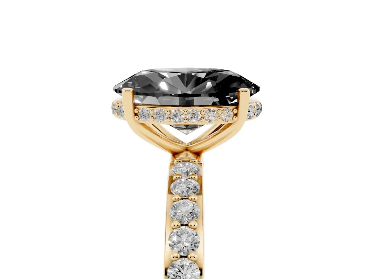Fancy Black Oval Cut Diamond Solitaire Ring with Pavé Band and Hidden Halo Yellow gold