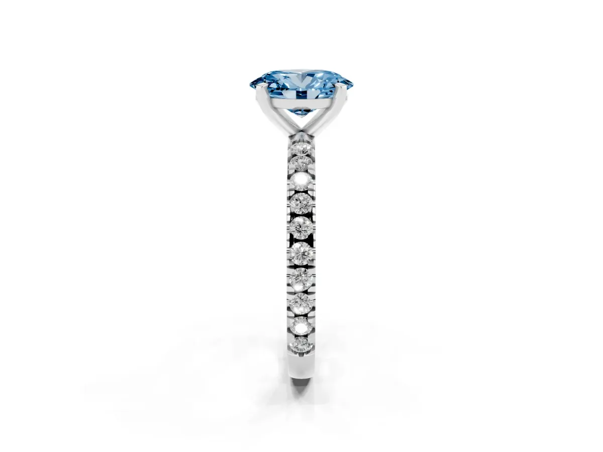 Fancy Blue Oval Cut Diamond Pavé Band Solitaire with Four-Prong Setting Silver