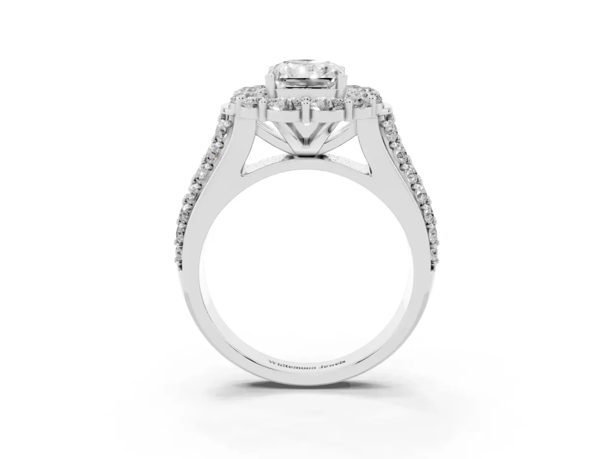 Radiant Cut Halo Diamond Engagement Ring with Split Shank and Prong Setting Silver