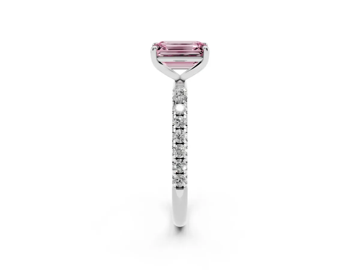 Fancy Pink Emerald Cut Cut Diamond Solitaire Ring with Micro Pave Band and Four Prong Setting Silver