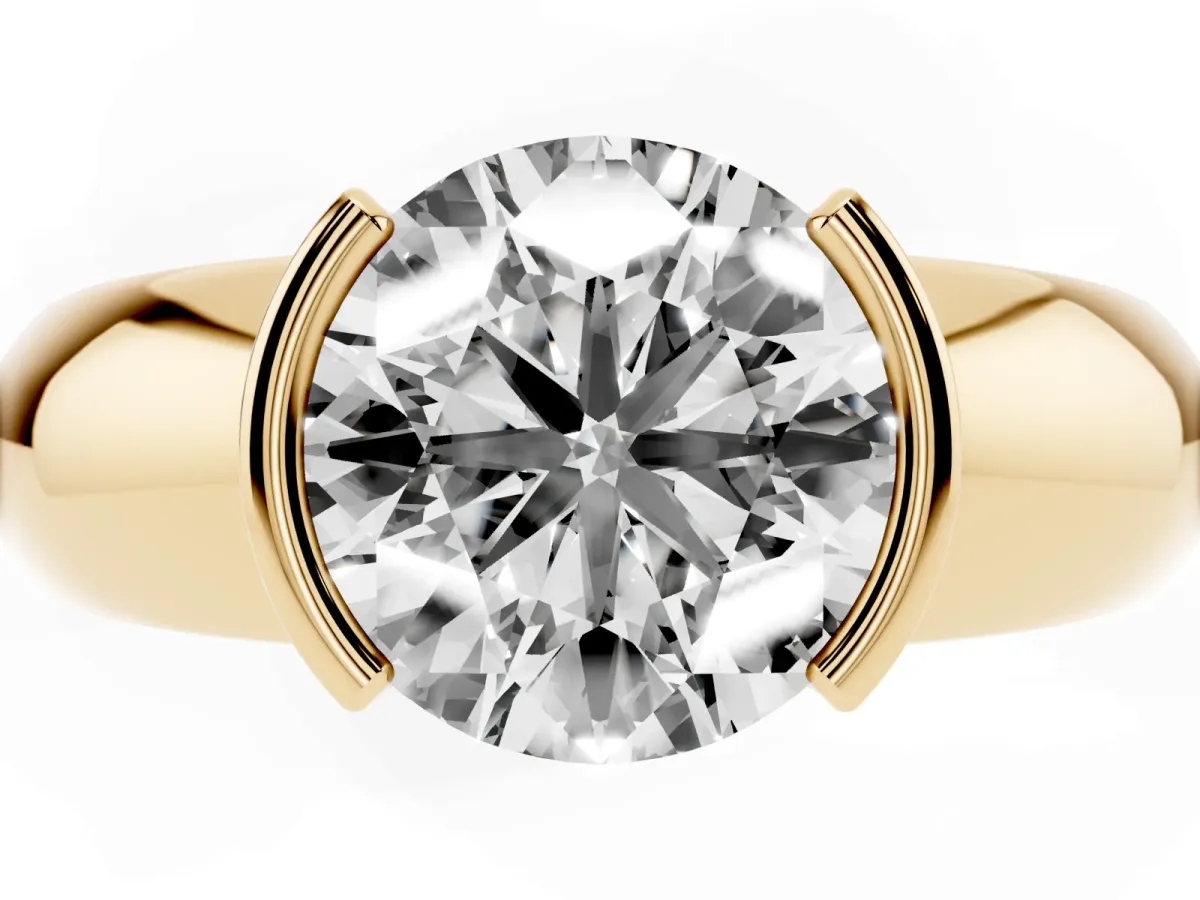 Round Cut Solitaire Tension Set Diamond Ring with Wide Band Yellow gold