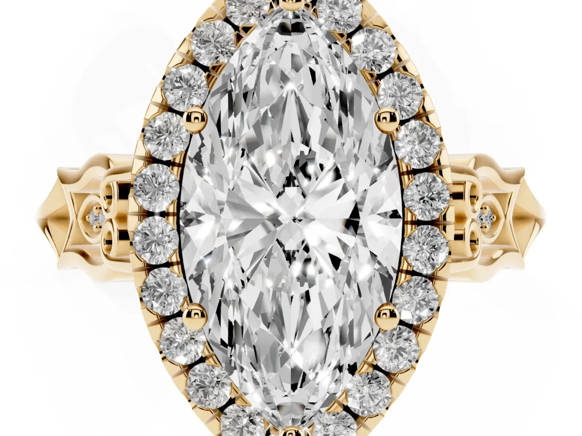 Marquise Cut Halo Diamond Engagement Ring with Filigree Band and Four-Prong Setting Yellow gold