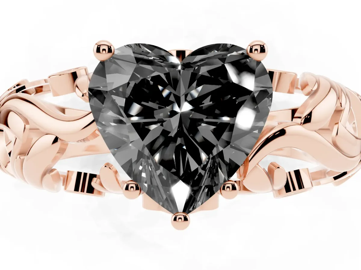 Fancy Black Heart Cut Solitaire Diamond Leaf-Inspired Vine Band Ring with Prong Setting Rose gold