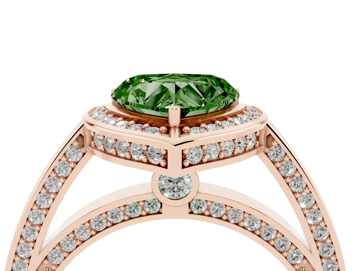 Fancy Green Heart Cut Cut Halo Pave Split Shank Prong Setting Ring Rose gold