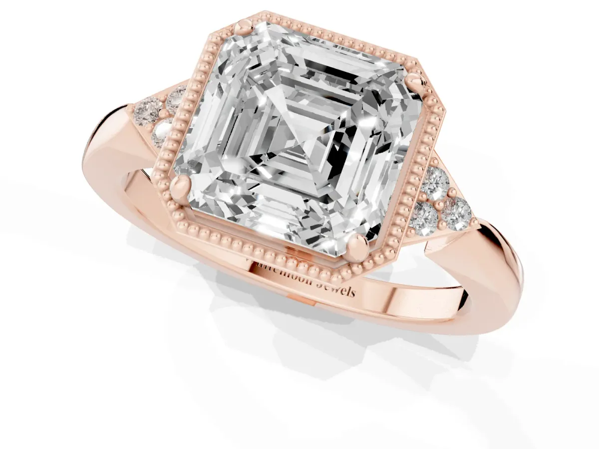 Asscher Cut Diamond Halo Ring with Tapered Band and Four-Prong Setting Rose gold