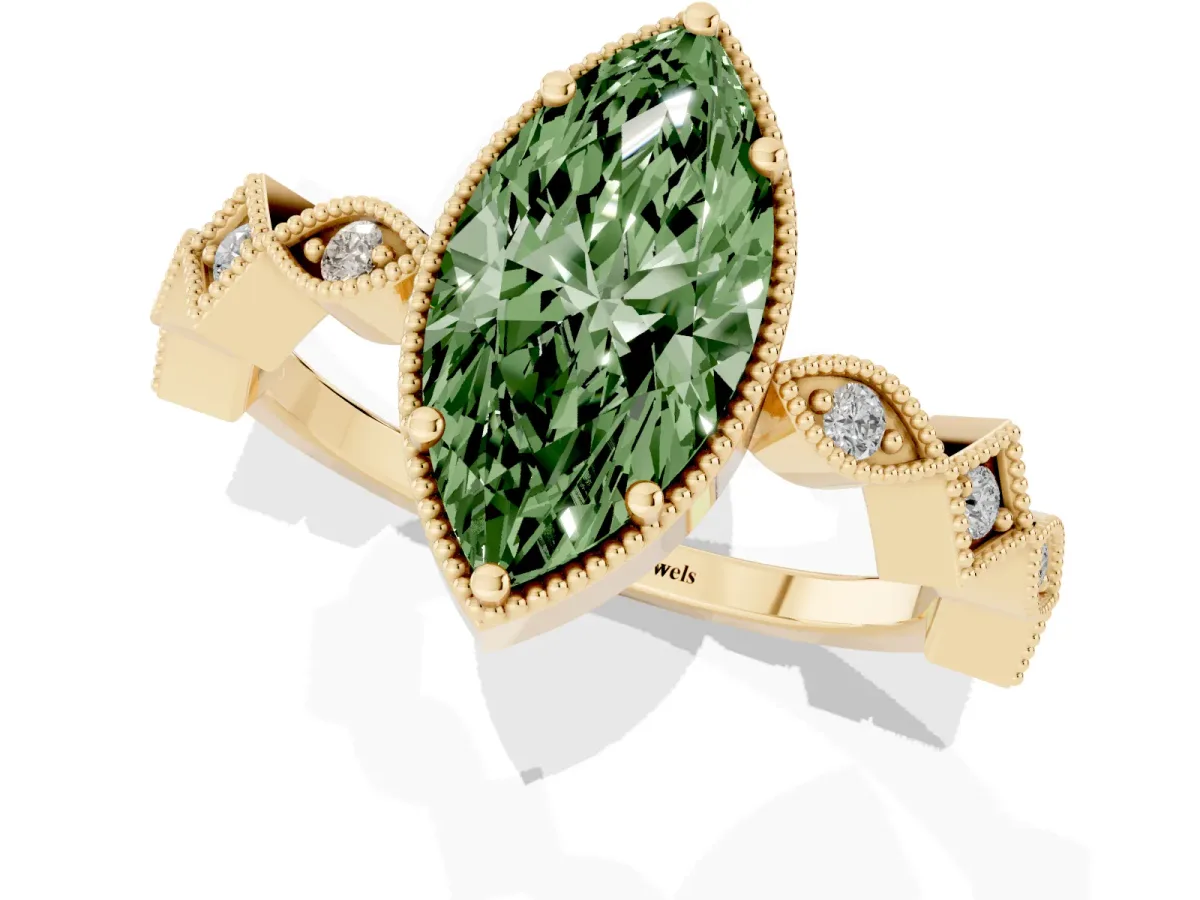 Fancy Green Marquise Cut Milgrain Marquise Diamond Twist Band Ring Yellow gold